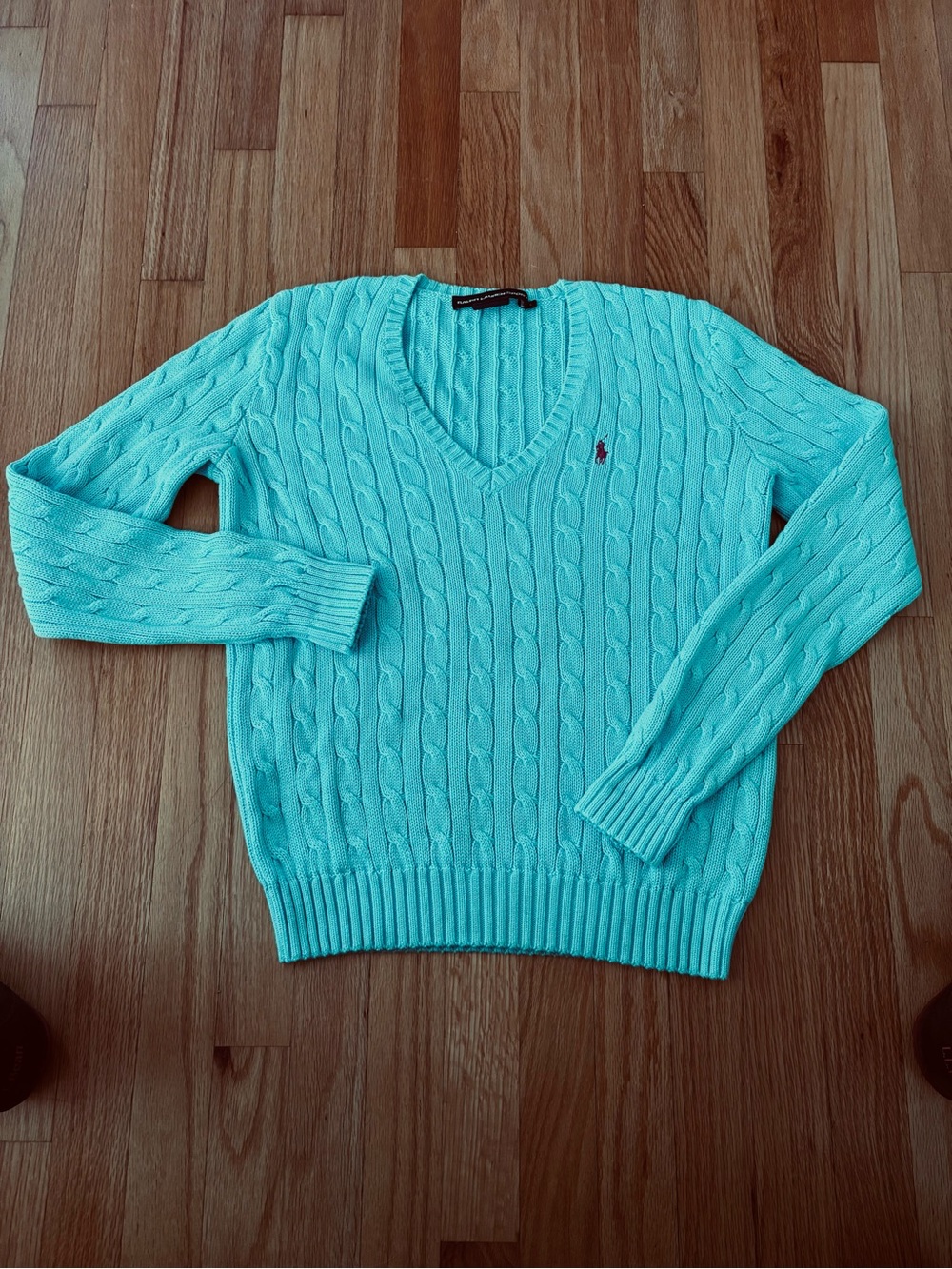 Polo by Ralph Lauren V-Neck Cable Sweater - Aqua Blue - Picture 6 of 12